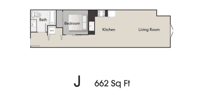 Floor plan for 1 bed, 1 bath, 662 sqft